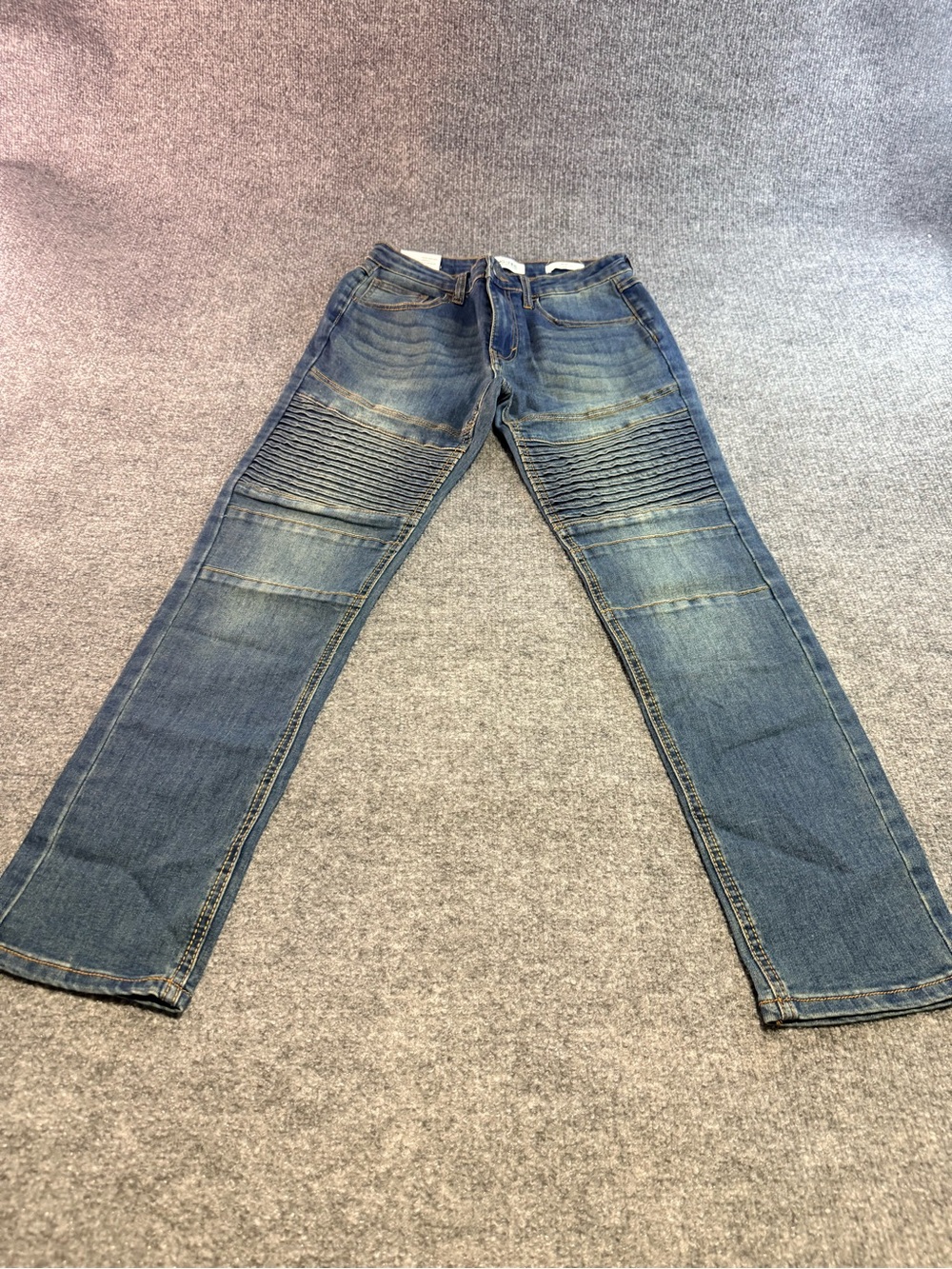 Ring of Fire Men's Distressed Blue Moto Ribbed Slim Straight Jeans